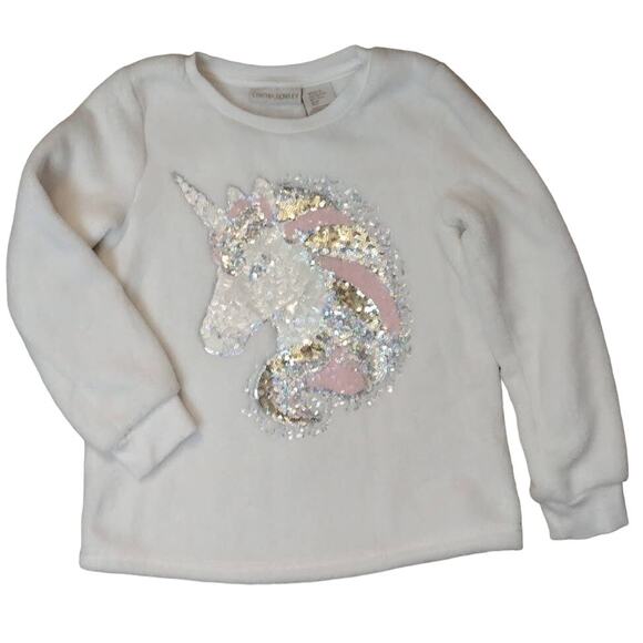 Cynthia Rowley Children's Fleece Top with Sequin Unicorn Head, White, Sz S (5-6) - Picture 1 of 4